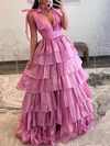 Ball Gown/Princess V-neck Glitter Sweep Train Prom Dresses With Tiered S020119600