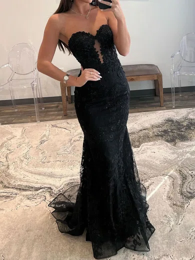 Black Mermaid Strapless Lace Prom Dresses With Beading #Milly020119601