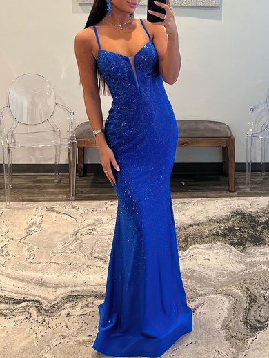 Trumpet/Mermaid V-neck Jersey Sweep Train Prom Dresses With Beading S020119605