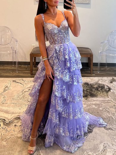 Ball Gown V-neck Tulle Sweep Train Prom Dresses With Appliques Lace S020119622