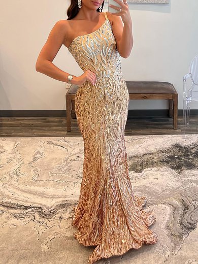 Trumpet/Mermaid One Shoulder Glitter Sweep Train Prom Dresses #Milly020119632