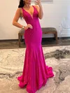 Trumpet/Mermaid V-neck Jersey Sweep Train Prom Dresses With Beading #Milly020119635