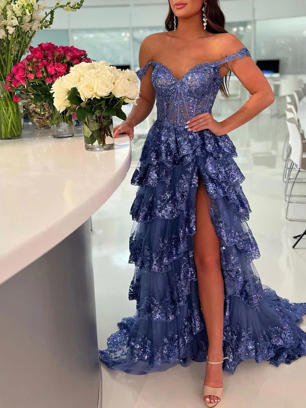 Ball Gown/Princess Off-the-shoulder Tulle Sweep Train Prom Dresses With ...