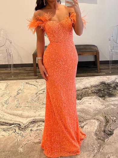 Sheath/Column Off-the-shoulder Lace Prom Dresses With Feather #Milly020119645