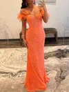 Sheath/Column Off-the-shoulder Glitter Floor-length Prom Dresses With Feathers / Fur #Milly020119645