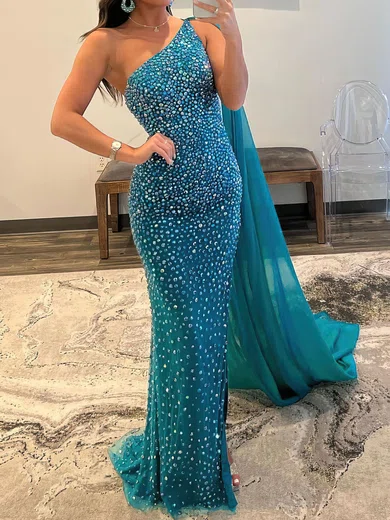 Sheath/Column One Shoulder Tulle Beaded Prom Dresses #Milly020119646