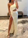 Sheath/Column One Shoulder Sequined Sweep Train Prom Dresses With Flower(s) #Milly020119650