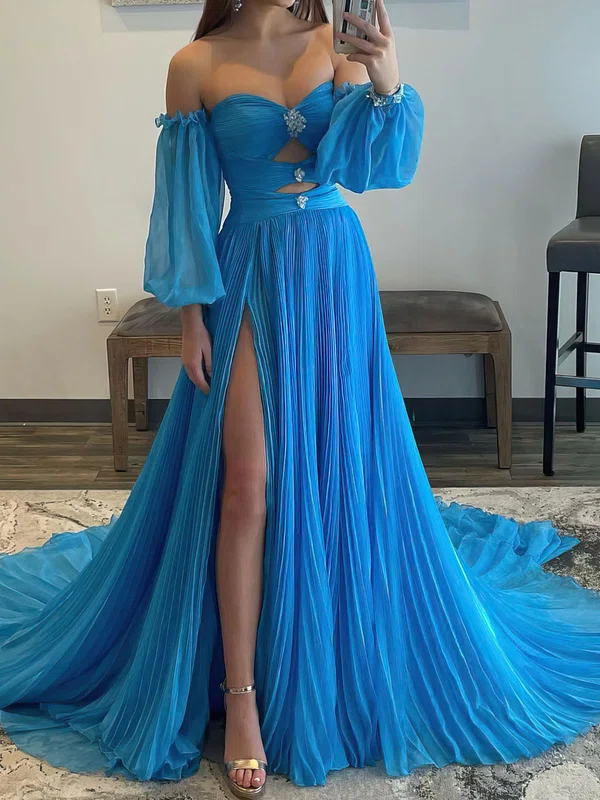 Ball Gown Off-the-shoulder Chiffon Pleated Prom Dresses With Puff Sleeve #Milly020119654