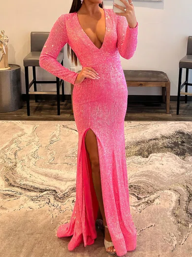 Mermaid V-neck Sparkly Sequin Long Sleeves Prom Dresses #Milly020119655