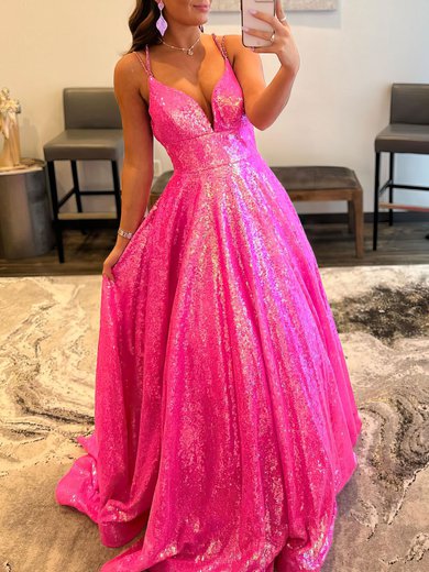 Ball Gown/Princess V-neck Sequined Floor-length Prom Dresses With Beading S020119657