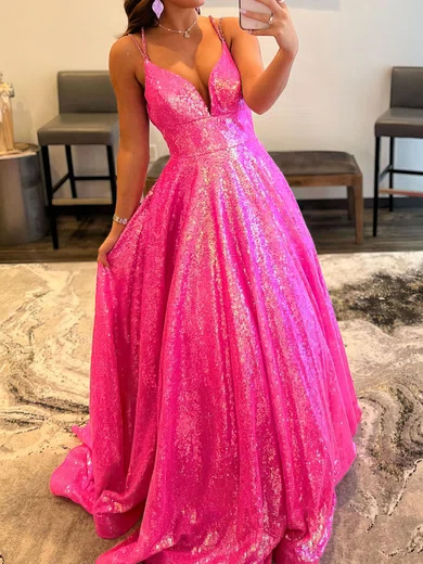 Ball Gown/Princess V-neck Sequined Floor-length Prom Dresses With Beading S020119657