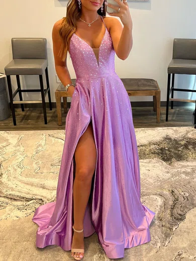 A-line V-neck Jersey Backless Beaded Prom Dresses With Ruched #Milly020119658