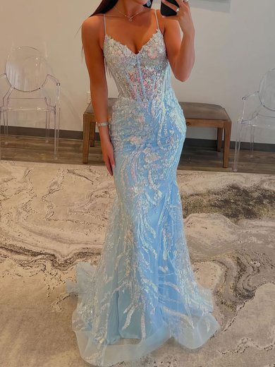 Trumpet/Mermaid V-neck Glitter Sweep Train Prom Dresses With Appliques Lace #Milly020119664