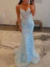 Trumpet/Mermaid V-neck Glitter Sweep Train Prom Dresses With Appliques Lace #Milly020119664