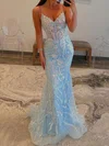 Trumpet/Mermaid V-neck Glitter Sweep Train Prom Dresses With Appliques Lace #Milly020119664