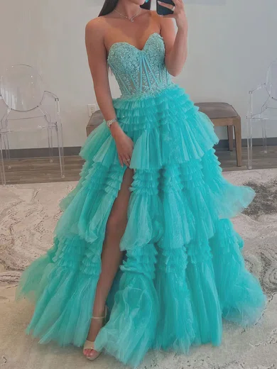 Ball Gown Strapless Tulle Tiered Prom Dresses With Appliques #Milly020119665