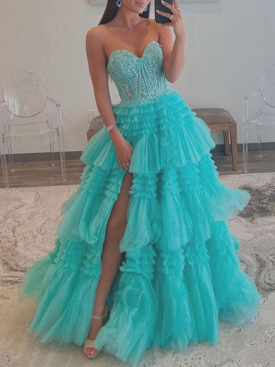 Ball Gown/Princess Sweetheart Tulle Glitter Sweep Train Prom Dresses With Appliques Lace #Milly020119665