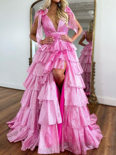 Ball Gown/Princess V-neck Glitter Sweep Train Prom Dresses With Tiered #Milly020119873