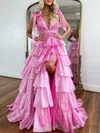 Ball Gown/Princess V-neck Metallic Sweep Train Prom Dresses With Tiered S020119873