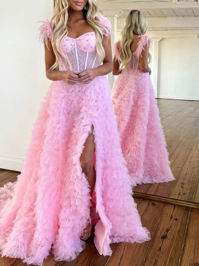 Ball Gown/Princess Off-the-shoulder Tulle Sweep Train Prom Dresses With Beading #Milly020119878