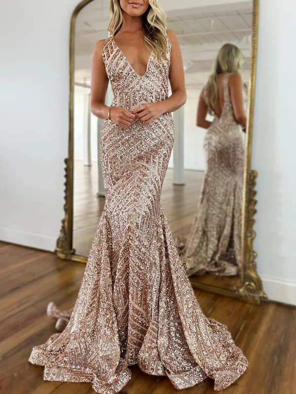 Trumpet/Mermaid V-neck Sequined Sweep Train Prom Dresses S020119884