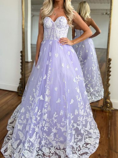 Ball Gown/Princess Sweetheart Tulle Glitter Sweep Train Prom Dresses With Appliques Lace #Milly020119885