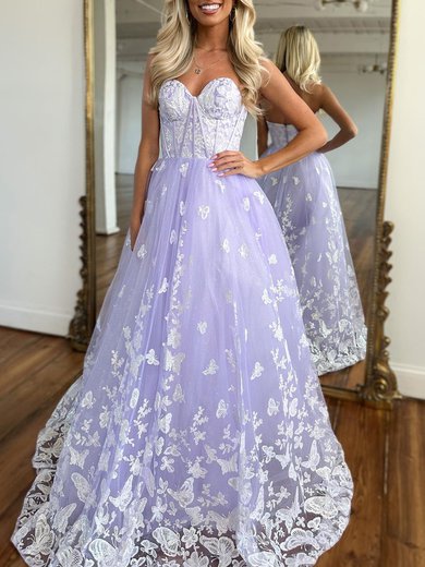 Ball Gown/Princess Sweetheart Tulle Glitter Sweep Train Prom Dresses With Appliques Lace #Milly020119885