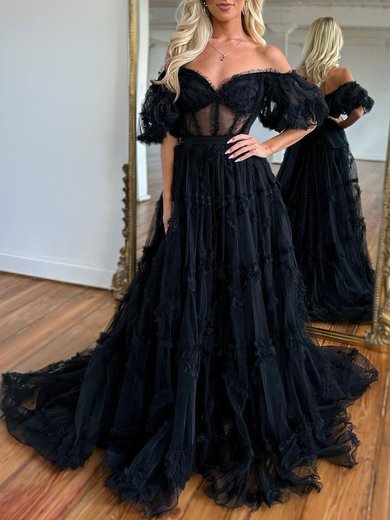 Ball Gown/Princess Off-the-shoulder Tulle Court Train Prom Dresses With Sashes / Ribbons #Milly020119886