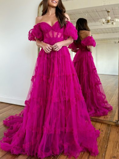 Ball Gown/Princess Off-the-shoulder Tulle Court Train Prom Dresses With Sashes / Ribbons #Milly020119887