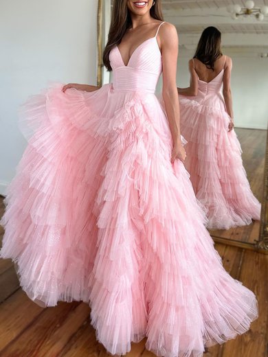 Ball Gown/Princess V-neck Tulle Glitter Sweep Train Prom Dresses With Tiered #Milly020119888