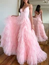 Ball Gown/Princess V-neck Tulle Glitter Sweep Train Prom Dresses With Tiered #Milly020119888