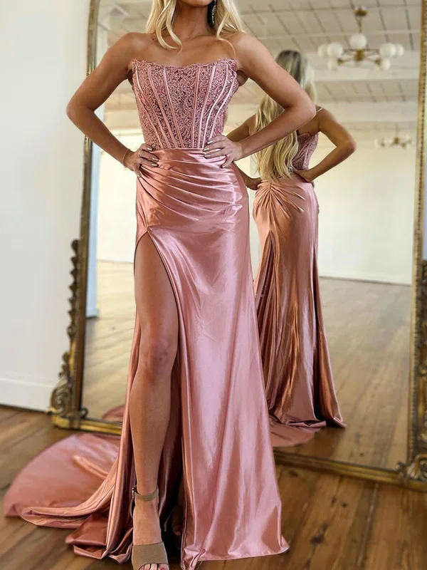 Trumpet/Mermaid Straight Silk-like Satin Sweep Train Prom Dresses With Beading #Milly020119892