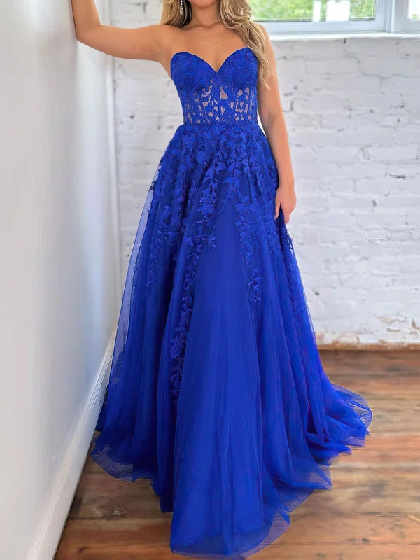 Ball Gown/Princess Sweetheart Lace Tulle Sweep Train Prom Dresses With Appliques Lace #Milly020119894