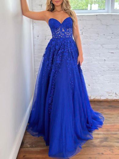 Ball Gown/Princess Sweetheart Lace Tulle Sweep Train Prom Dresses With Appliques Lace #Milly020119894