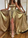 A-line Halter Metallic Sweep Train Prom Dresses With Split Front #Milly020119896