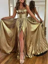 A-line Halter Metallic Sweep Train Prom Dresses With Split Front #Milly020119896