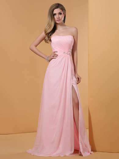 Spilt Front Pink Chiffon Strapless Sheath/Column Ruffles Discount Prom dresses #02023194