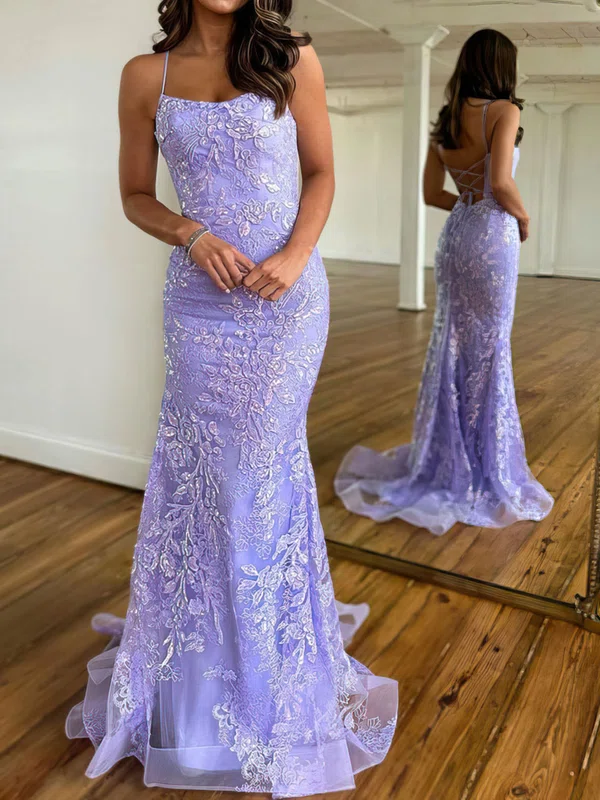 Trumpet/Mermaid Square Neckline Lace Tulle Sweep Train Prom Dresses With Appliques Lace #Milly020119899