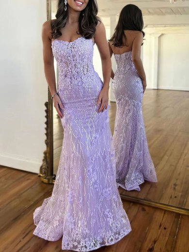 Trumpet/Mermaid Sweetheart Lace Tulle Sweep Train Prom Dresses With Beading S020119901