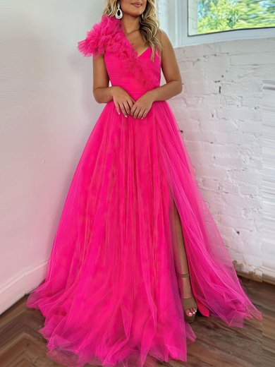 Ball Gown/Princess One Shoulder Tulle Sweep Train Prom Dresses With Ruffles #Milly020119902