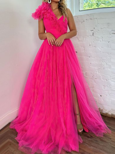 Ball Gown/Princess One Shoulder Tulle Sweep Train Prom Dresses With Ruffles #Milly020119902