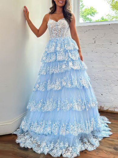 Ball Gown/Princess V-neck Tulle Sweep Train Prom Dresses With Appliques Lace #Milly020119903