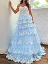 Ball Gown/Princess V-neck Tulle Sweep Train Prom Dresses With Appliques Lace #Milly020119903