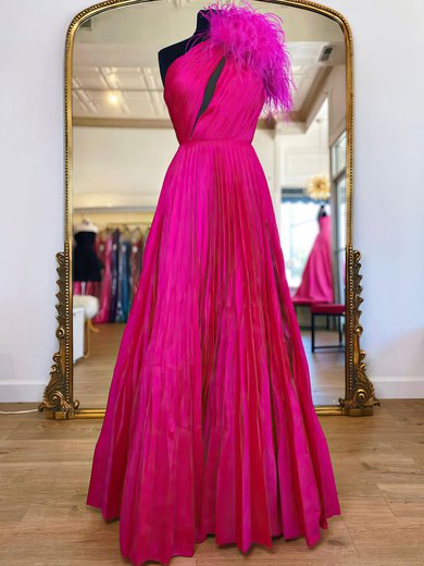 Ball Gown/Princess One Shoulder Silk-like Satin Floor-length Prom Dresses With Feathers / Fur #Milly020119905