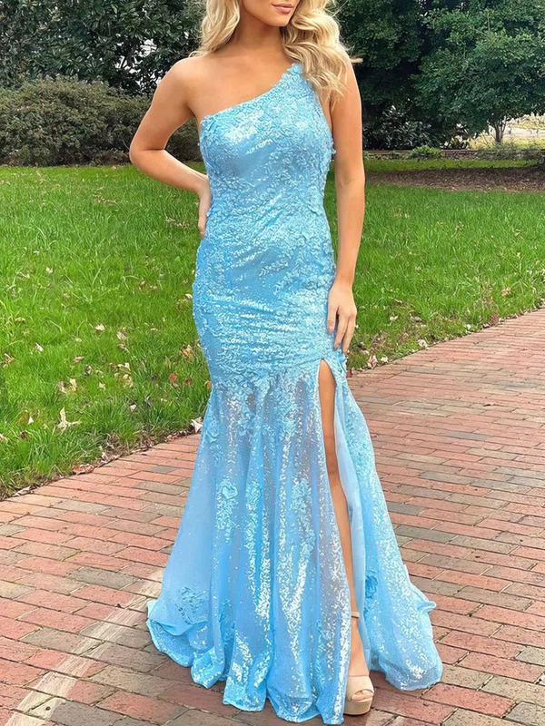 Trumpet/Mermaid One Shoulder Sequined Sweep Train Prom Dresses With Appliques Lace #Milly020119909