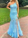 Trumpet/Mermaid One Shoulder Sequined Sweep Train Prom Dresses With Appliques Lace #Milly020119909