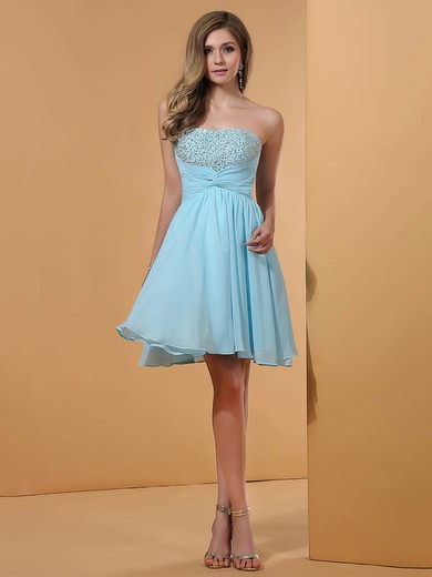Light Sky Blue Chiffon Sequins and Criss Cross Strapless Short/Mini Prom Dresses #02051659