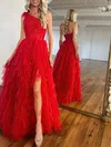Ball Gown/Princess One Shoulder Lace Tulle Sweep Train Prom Dresses With Tiered #Milly020119917