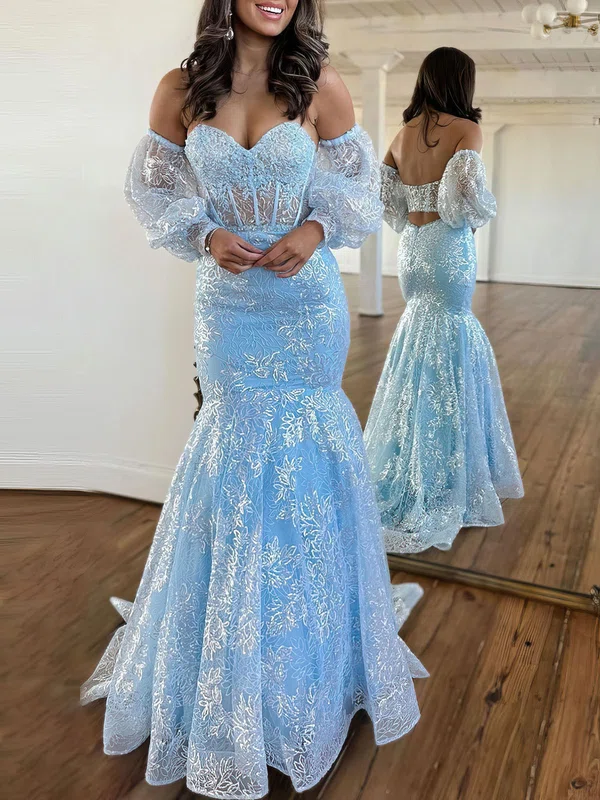 Trumpet/Mermaid Sweetheart Glitter Sweep Train Prom Dresses With Appliques Lace #Milly020119918