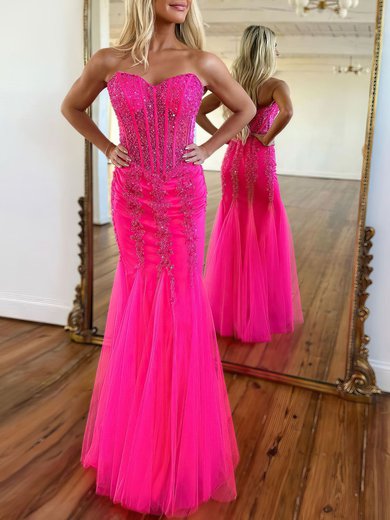 Trumpet/Mermaid Sweetheart Tulle Floor-length Prom Dresses With Beading S020119919